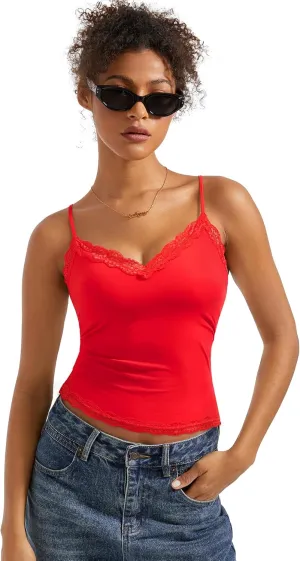 SUUKSESS Women Padded Lace Double Lined Tank Tops Sexy V Neck Summer Going Out Top