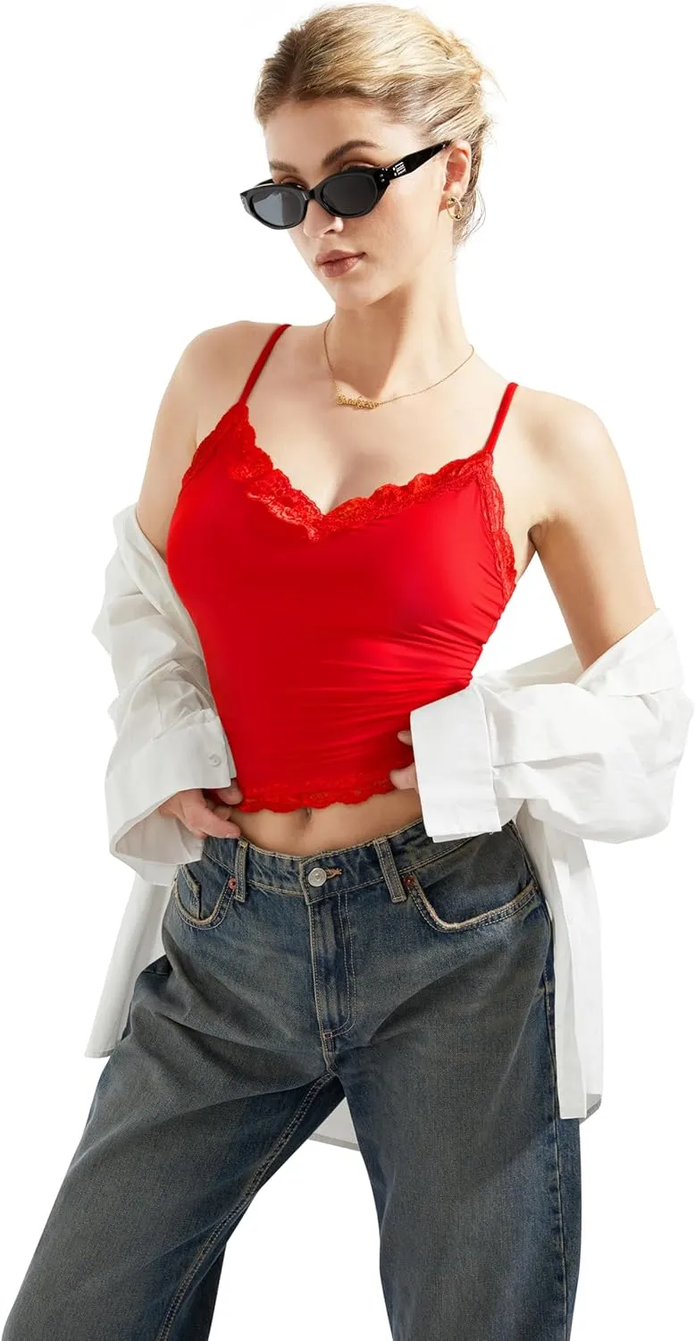 SUUKSESS Women Padded Lace Double Lined Tank Tops Sexy V Neck Summer Going Out Top
