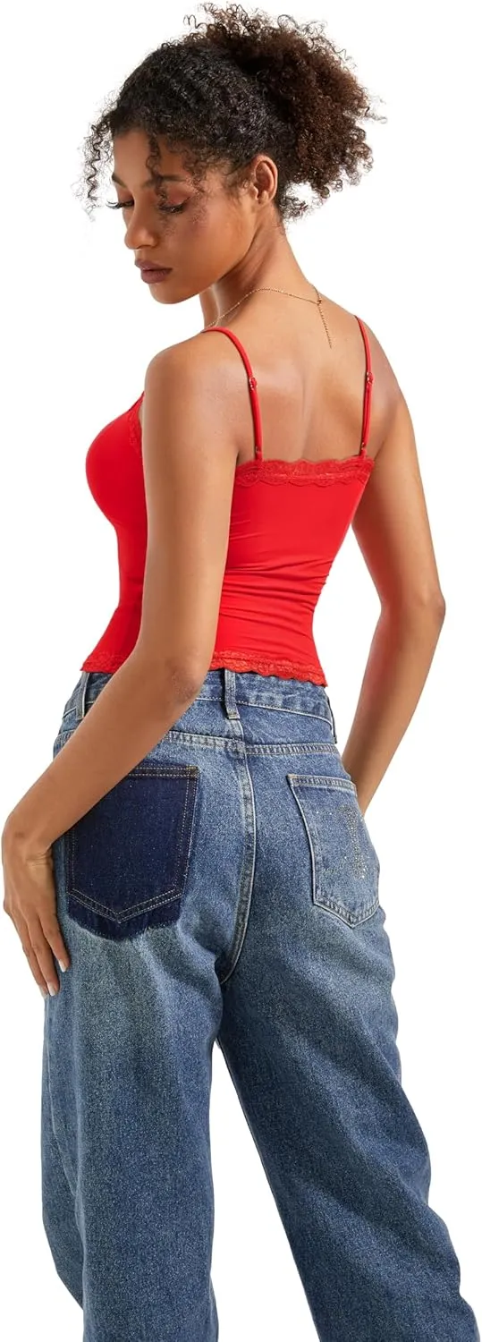 SUUKSESS Women Padded Lace Double Lined Tank Tops Sexy V Neck Summer Going Out Top