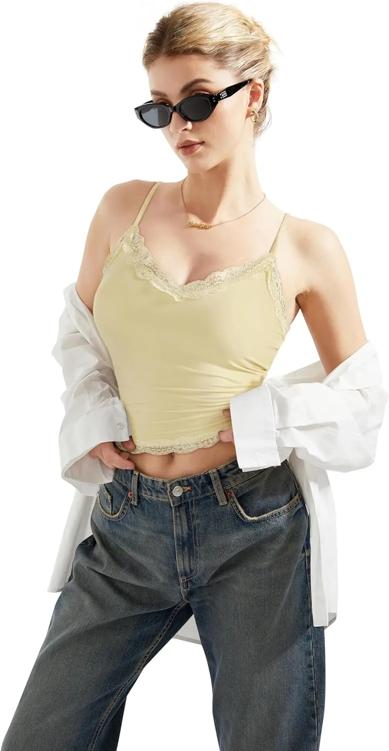 SUUKSESS Women Padded Lace Double Lined Tank Tops Sexy V Neck Summer Going Out Top