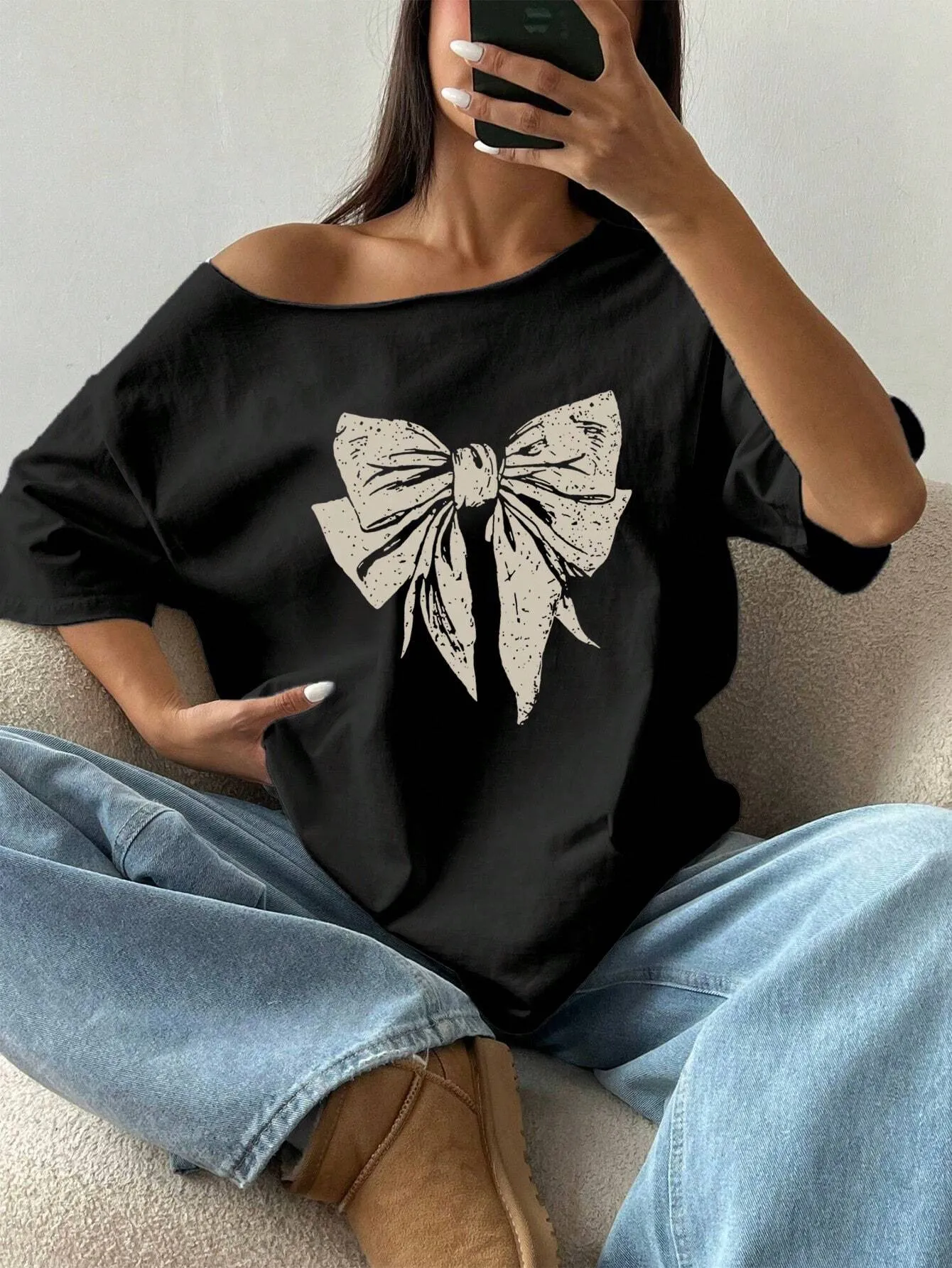 SXV Unity Women Casual vintage bow Shoulder Loose T-Shirt