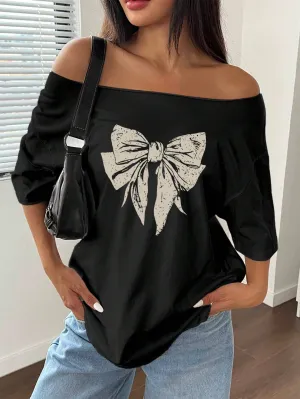 SXV Unity Women Casual vintage bow Shoulder Loose T-Shirt
