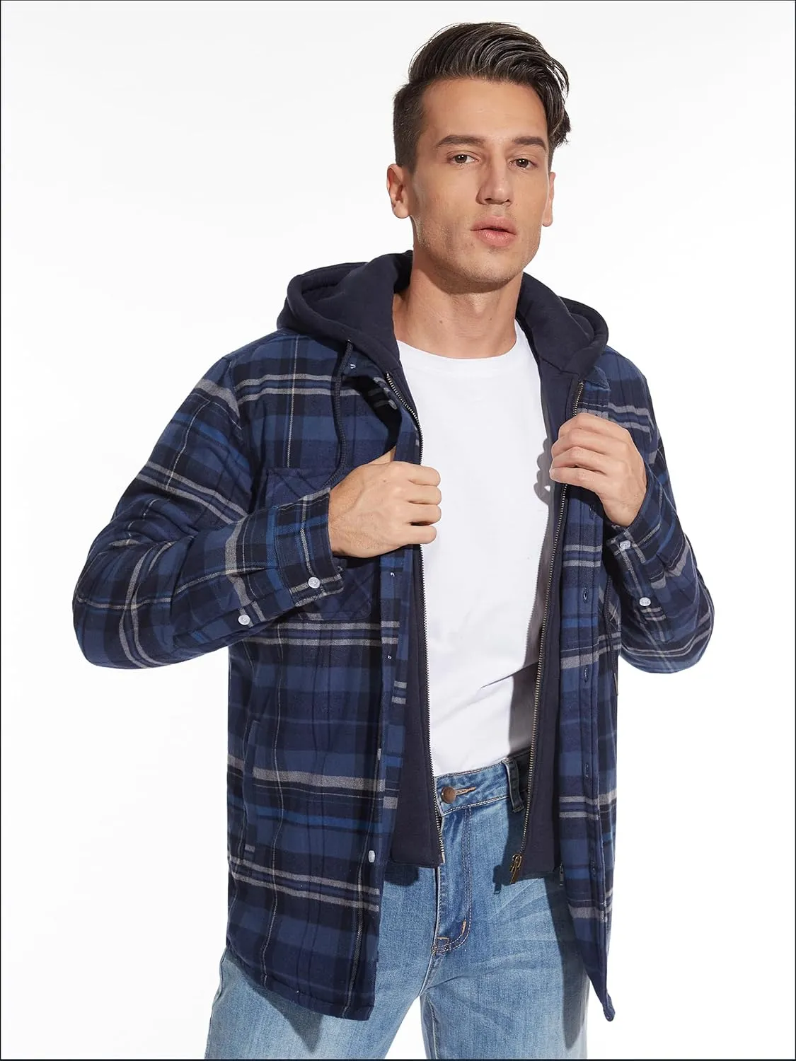 TACVASEN Men's Flannel Shirt Jacket Removable Hooded Quilted Lined Plaid Button Down Shirts Zipper Jacket