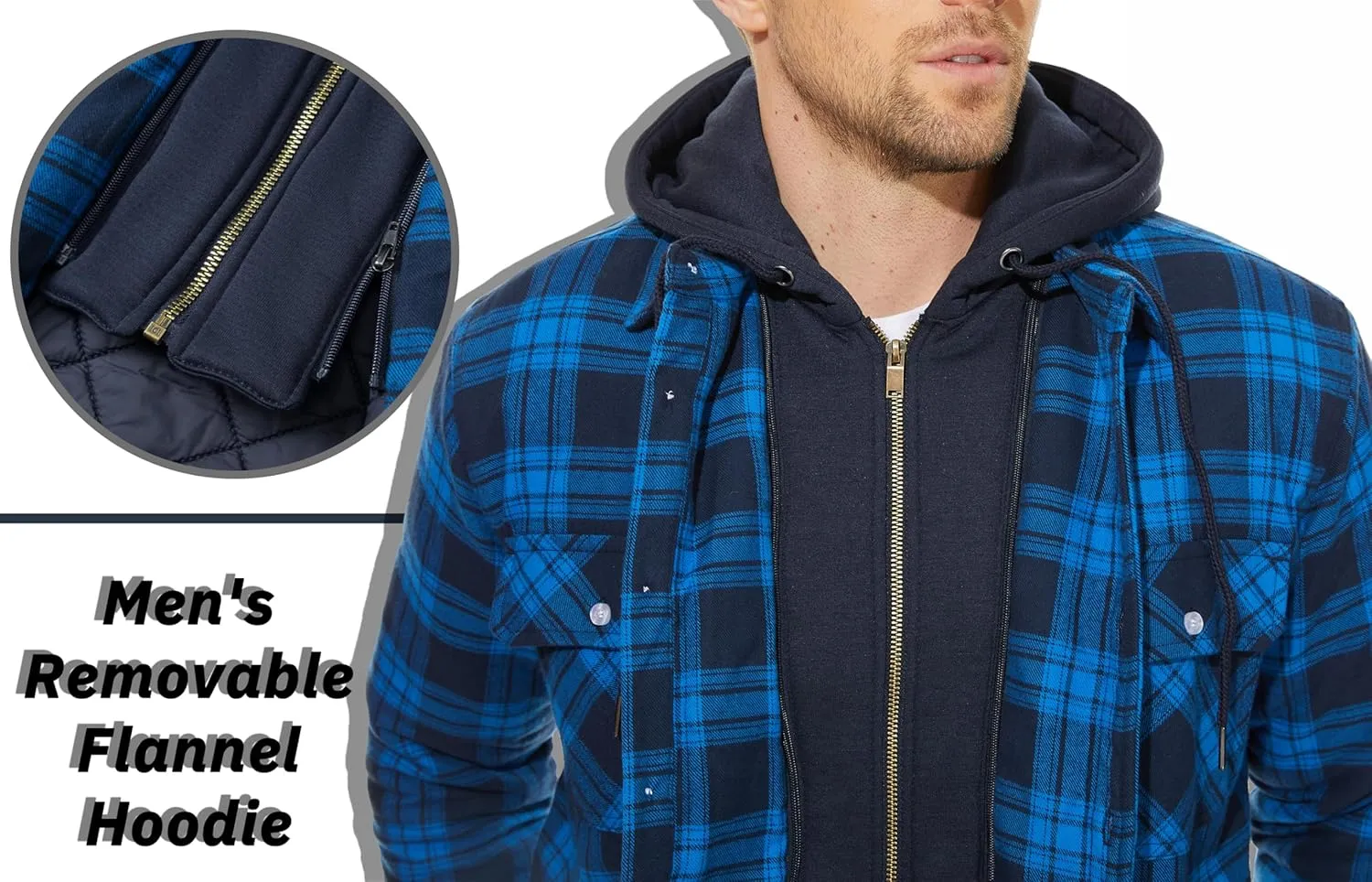 TACVASEN Men's Flannel Shirt Jacket Removable Hooded Quilted Lined Plaid Button Down Shirts Zipper Jacket
