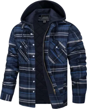 TACVASEN Men's Flannel Shirt Jacket Removable Hooded Quilted Lined Plaid Button Down Shirts Zipper Jacket