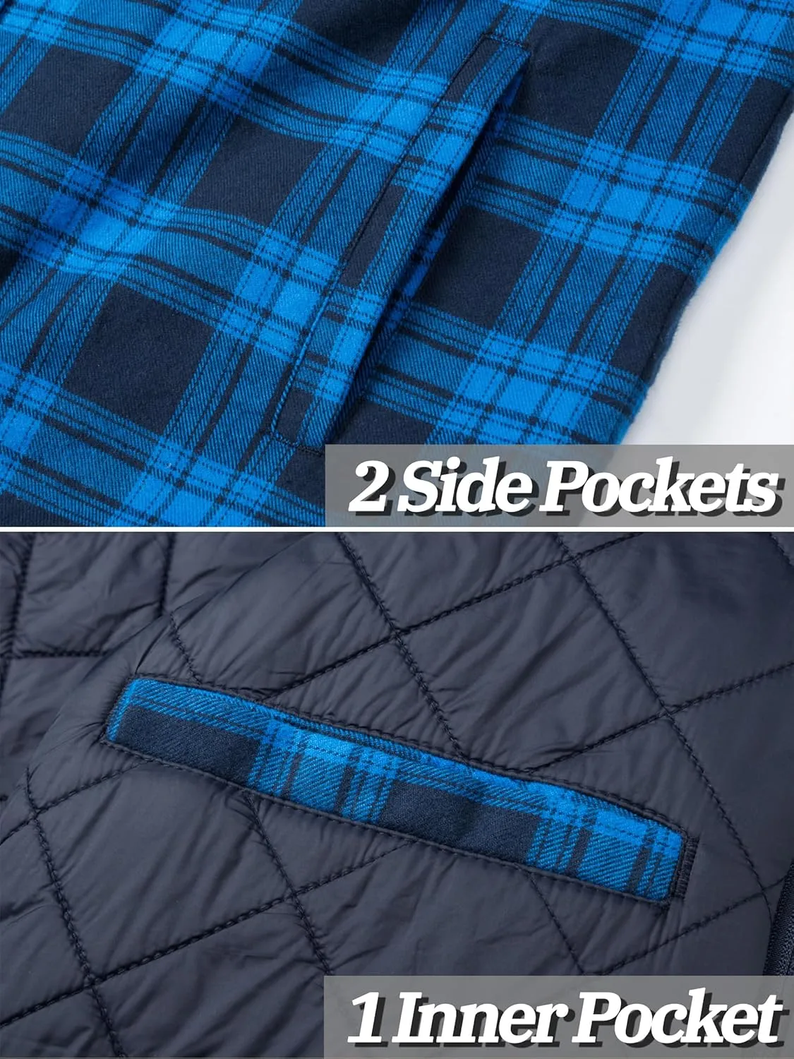 TACVASEN Men's Flannel Shirt Jacket Removable Hooded Quilted Lined Plaid Button Down Shirts Zipper Jacket