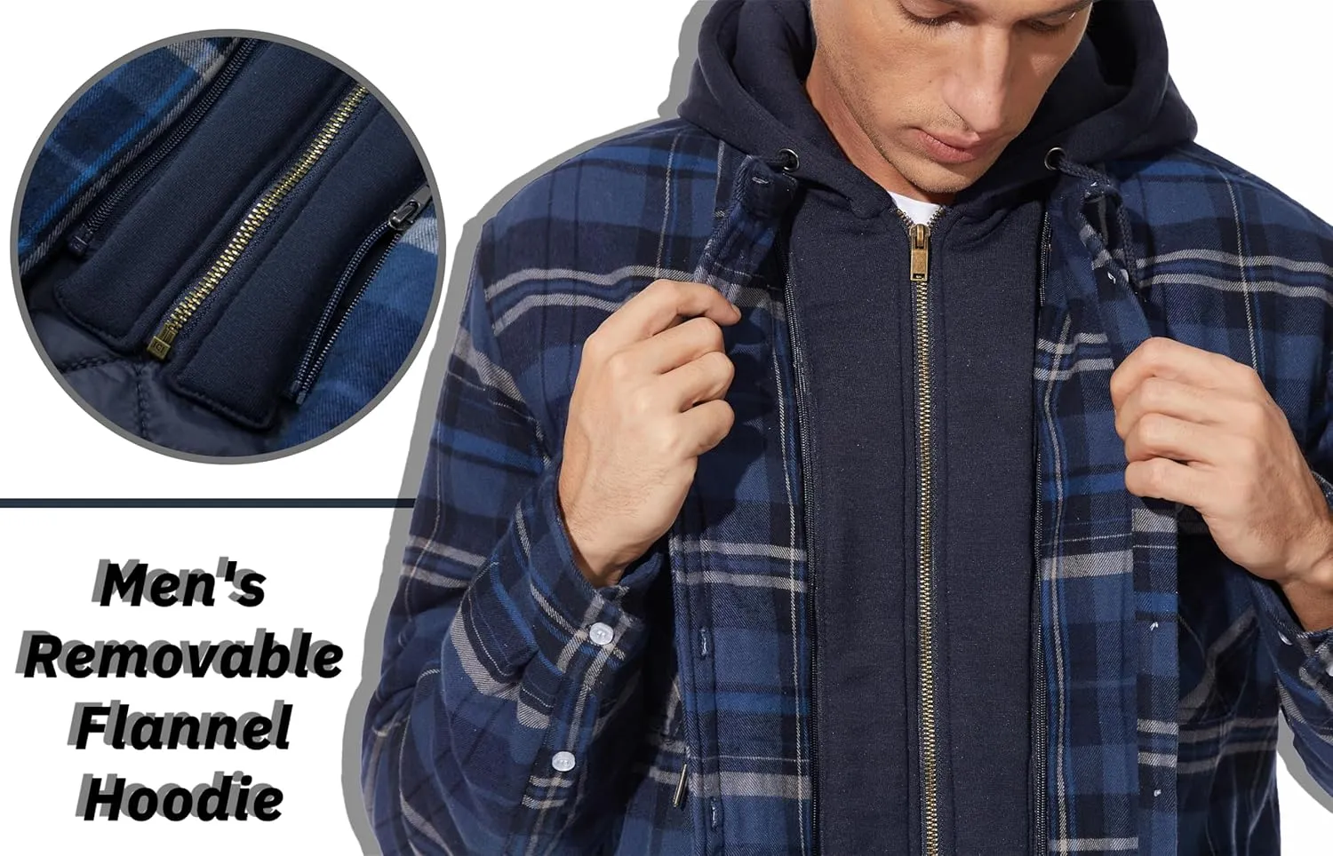 TACVASEN Men's Flannel Shirt Jacket Removable Hooded Quilted Lined Plaid Button Down Shirts Zipper Jacket