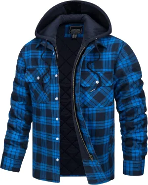 TACVASEN Men's Flannel Shirt Jacket Removable Hooded Quilted Lined Plaid Button Down Shirts Zipper Jacket