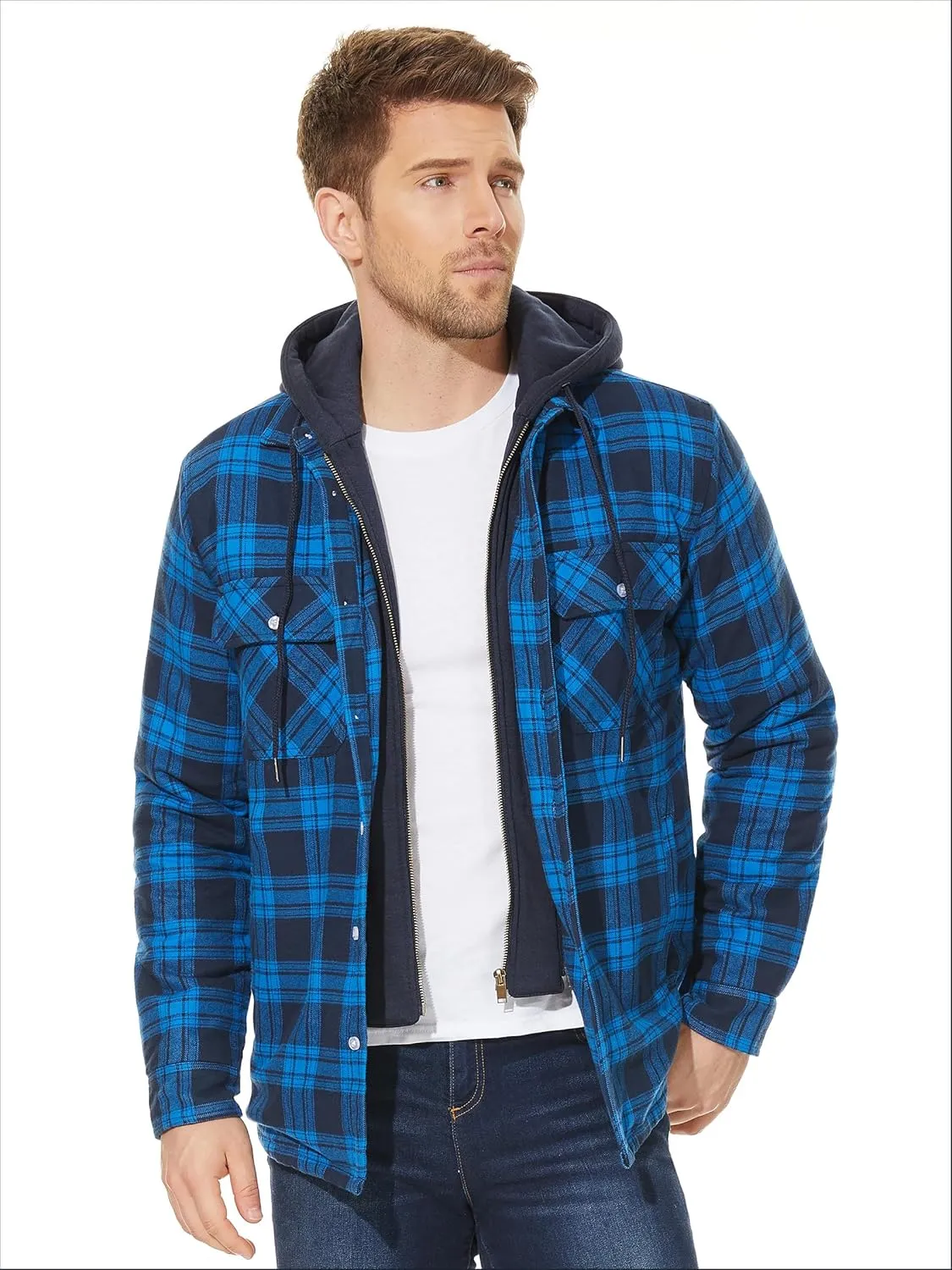 TACVASEN Men's Flannel Shirt Jacket Removable Hooded Quilted Lined Plaid Button Down Shirts Zipper Jacket