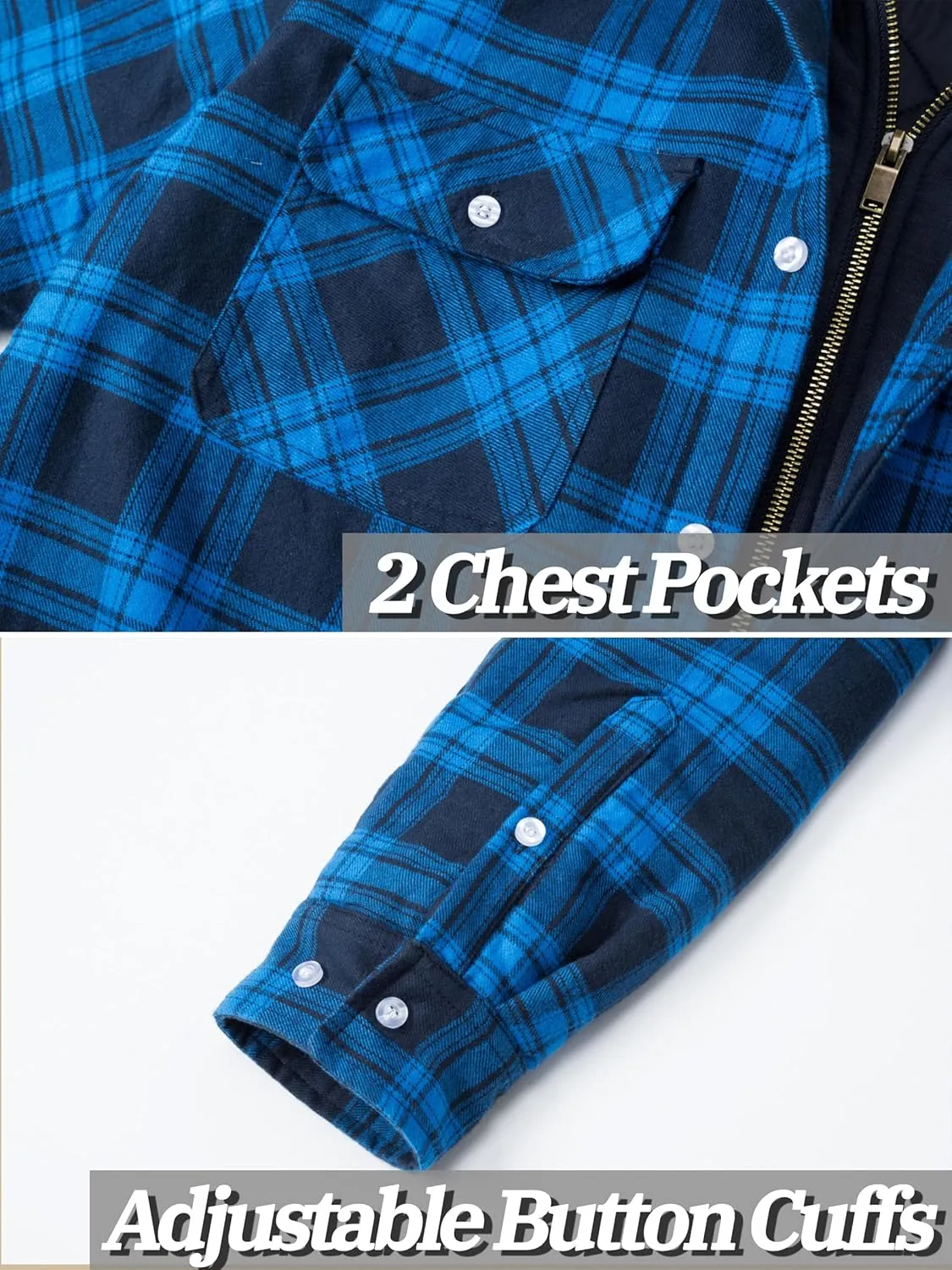 TACVASEN Men's Flannel Shirt Jacket Removable Hooded Quilted Lined Plaid Button Down Shirts Zipper Jacket