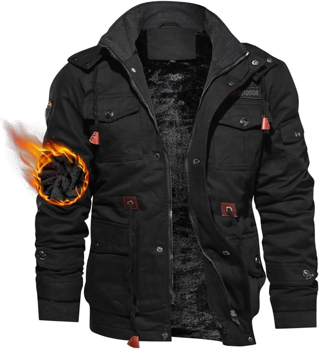 TACVASEN Men's Winter Jacket Cotton Military Jackets Fleece Lined Thick Work Warm Cargo Coats with Hooded