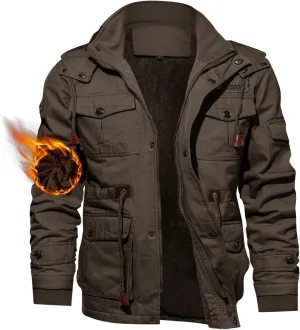 TACVASEN Men's Winter Jacket Cotton Military Jackets Fleece Lined Thick Work Warm Cargo Coats with Hooded