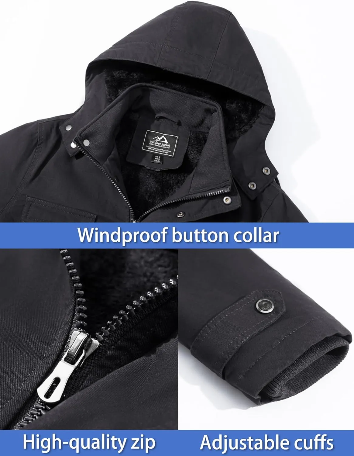 TACVASEN Men's Winter Jacket Cotton Military Jackets Fleece Lined Thick Work Warm Cargo Coats with Hooded