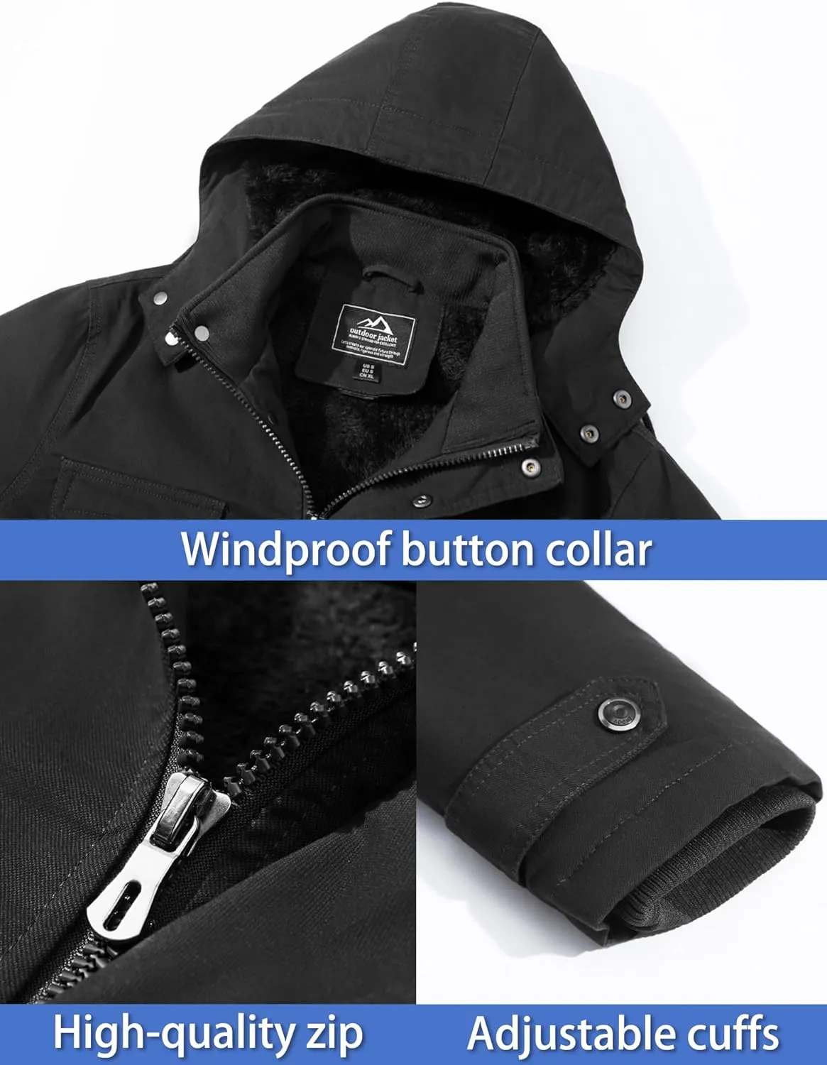 TACVASEN Men's Winter Jacket Cotton Military Jackets Fleece Lined Thick Work Warm Cargo Coats with Hooded