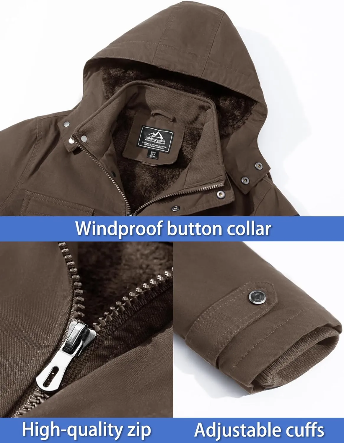 TACVASEN Men's Winter Jacket Cotton Military Jackets Fleece Lined Thick Work Warm Cargo Coats with Hooded