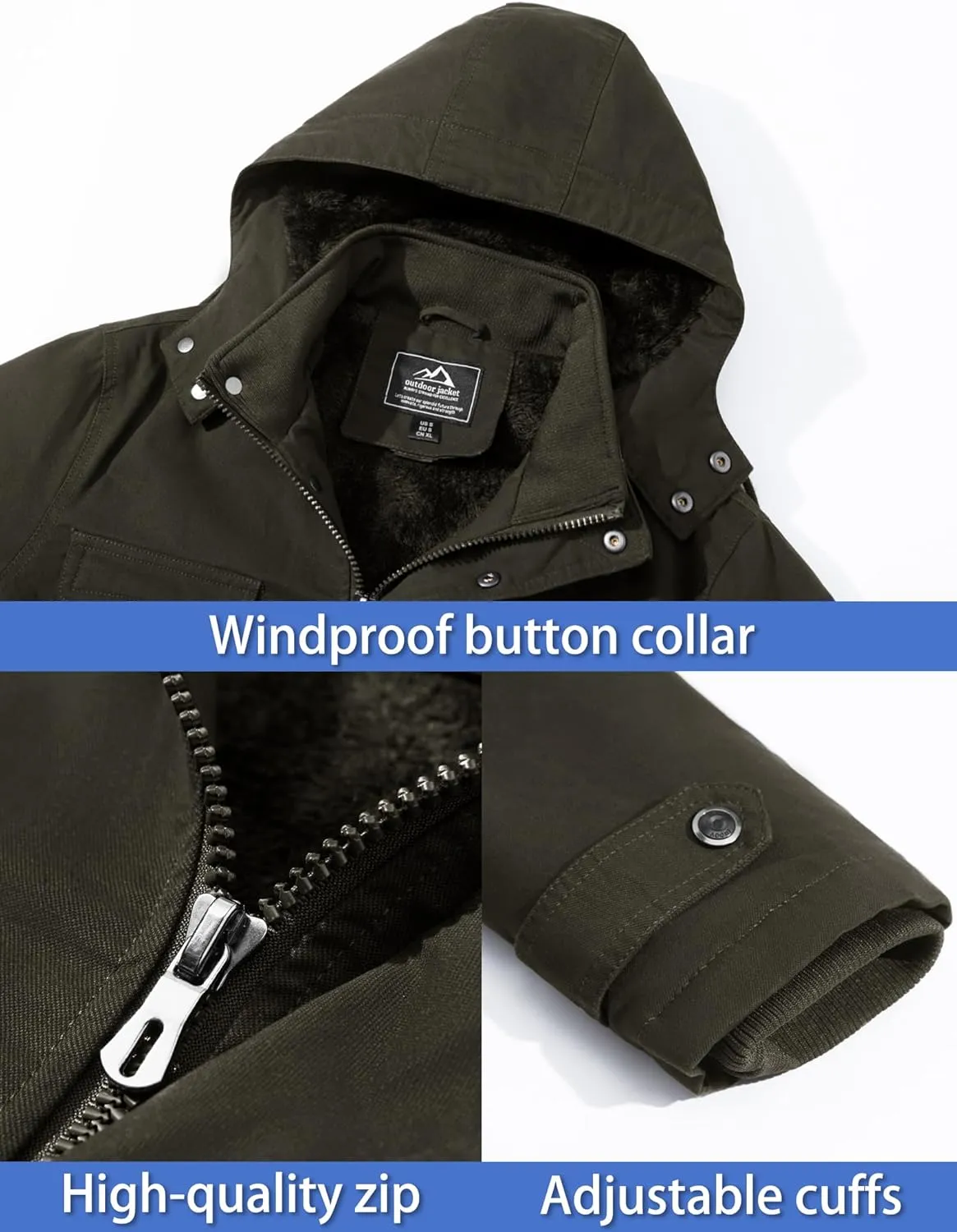TACVASEN Men's Winter Jacket Cotton Military Jackets Fleece Lined Thick Work Warm Cargo Coats with Hooded