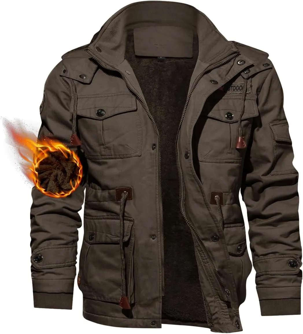 TACVASEN Men's Winter Jacket Cotton Military Jackets Fleece Lined Thick Work Warm Cargo Coats with Hooded
