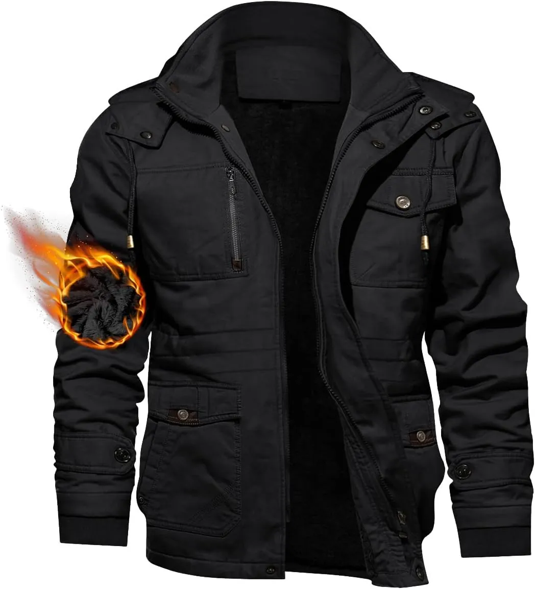 TACVASEN Men's Winter Jacket Cotton Military Jackets Fleece Lined Thick Work Warm Cargo Coats with Hooded