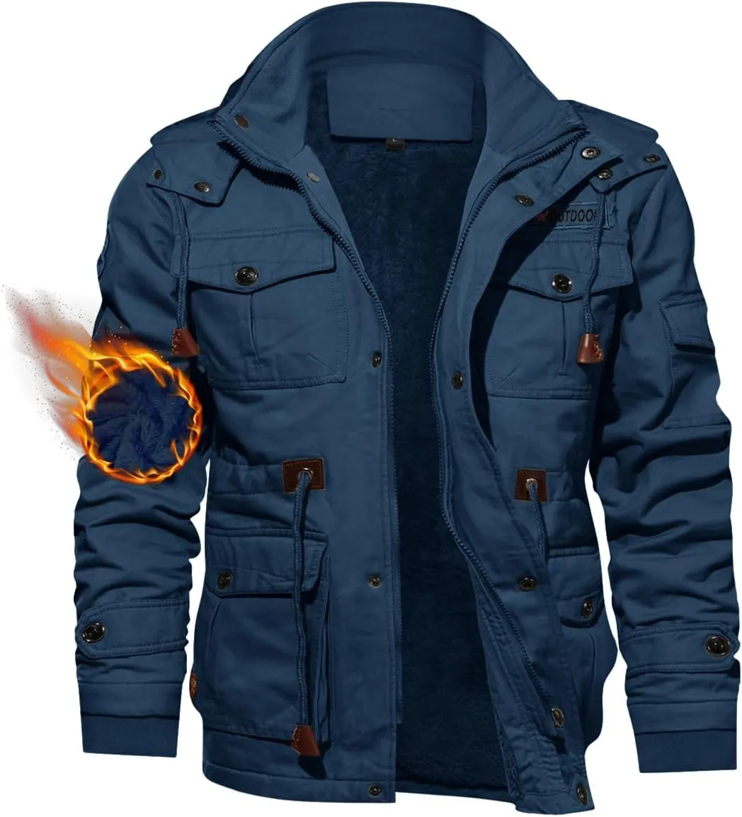 TACVASEN Men's Winter Jacket Cotton Military Jackets Fleece Lined Thick Work Warm Cargo Coats with Hooded