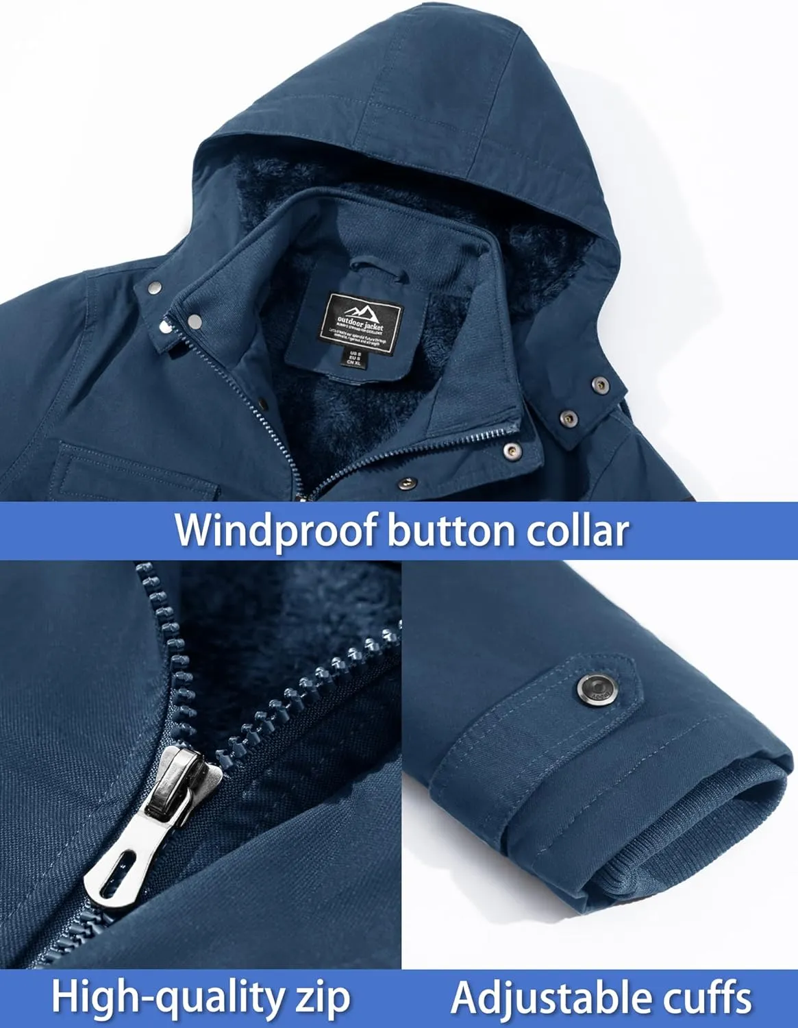 TACVASEN Men's Winter Jacket Cotton Military Jackets Fleece Lined Thick Work Warm Cargo Coats with Hooded