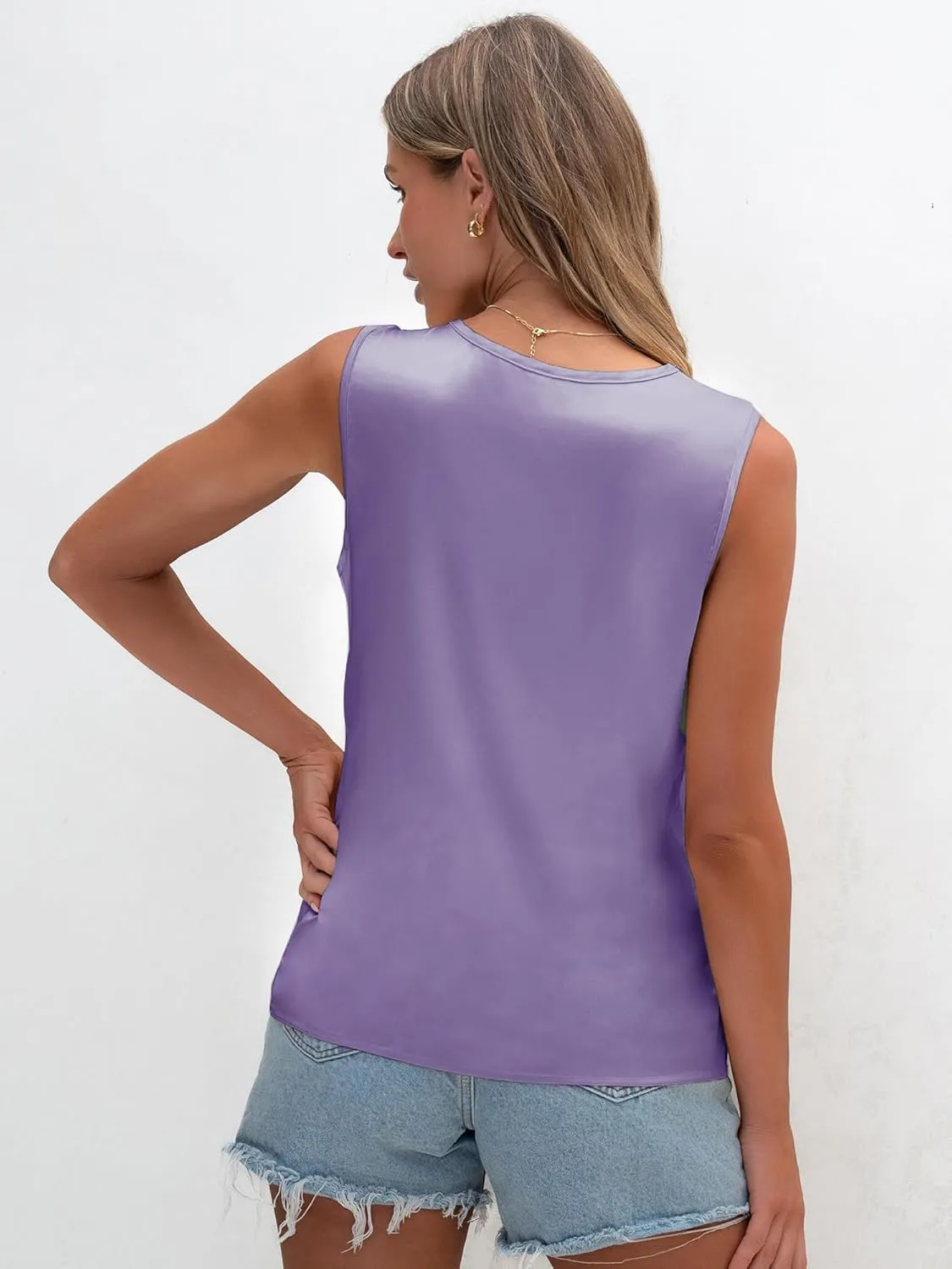 TAKEYAL Womens Summer Satin Tank Tops V Neck Sleeveless Dressy Shirts Casual Loose Tunic Tops Blouses