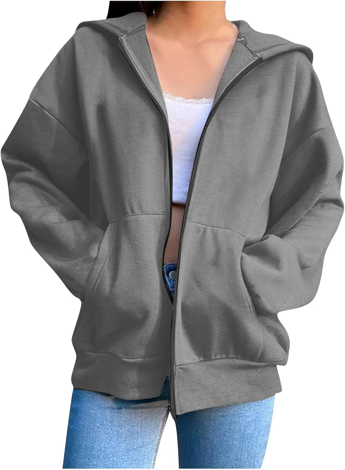 TANGNADE Women Hoodies Full Zip Up Oversized Sweatshirts with Pockets Casual Long Sleeve Thin Hooded Lightweight Jackets