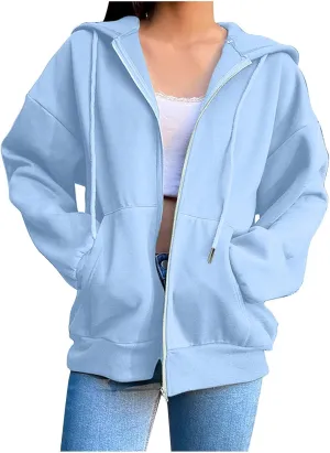 TANGNADE Women's Zip Up Hoodies Drawstring Fall Jacket Oversized Casual Sweatshirts Pullover with Pocket 2024 Winter Clothes