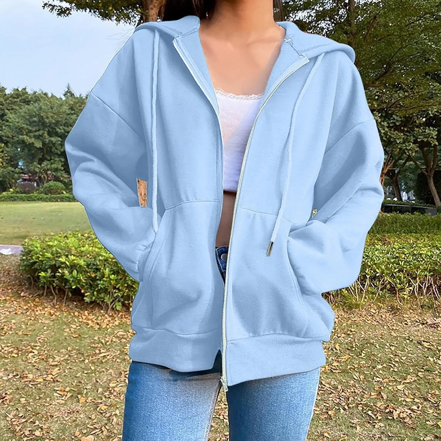 TANGNADE Women's Zip Up Hoodies Drawstring Fall Jacket Oversized Casual Sweatshirts Pullover with Pocket 2024 Winter Clothes