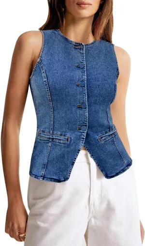 Tankaneo Womens Button Down Denim Vest Tops Sleeveless Fitted Jean Tank Tops Summer Trendy Casual Waistcoat