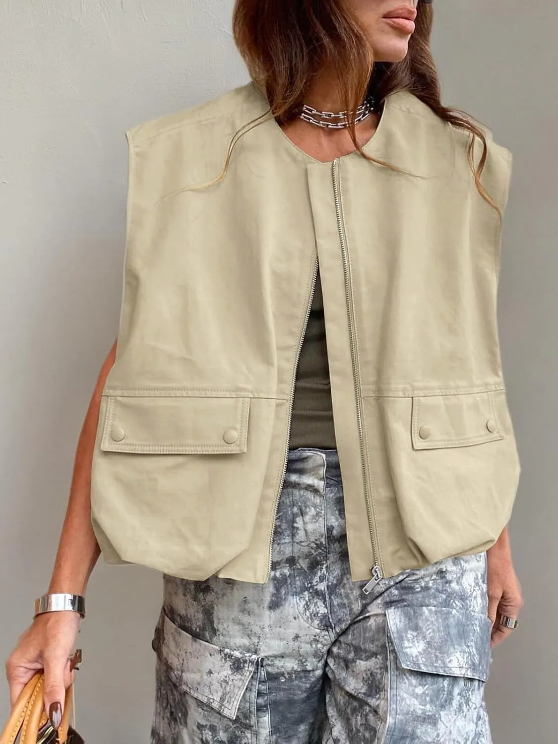 Tankaneo Womens Casual Zip Up Vest Cargo Oversized Ruched Hem Sleeveless Blazer Jackets Tops