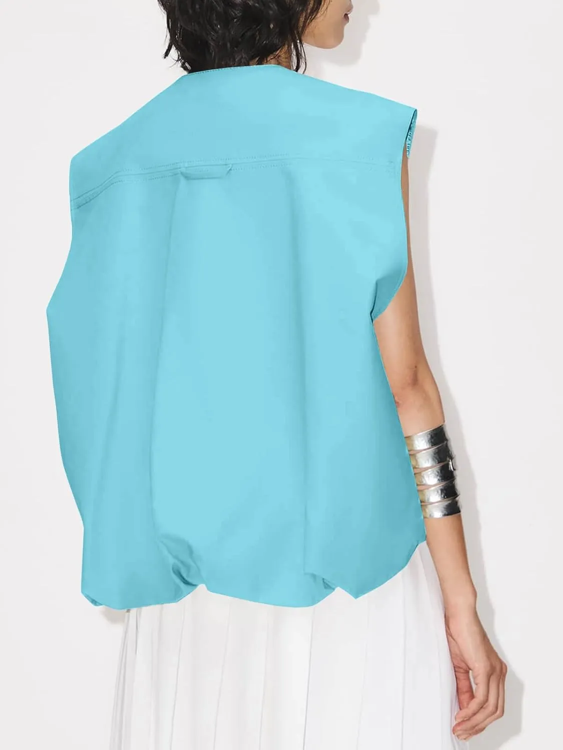 Tankaneo Womens Casual Zip Up Vest Cargo Oversized Ruched Hem Sleeveless Blazer Jackets Tops