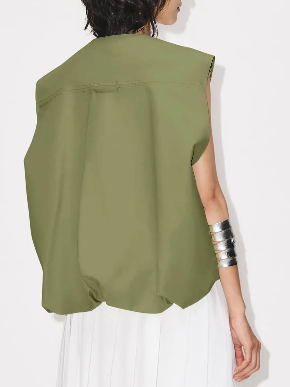 Tankaneo Womens Casual Zip Up Vest Cargo Oversized Ruched Hem Sleeveless Blazer Jackets Tops