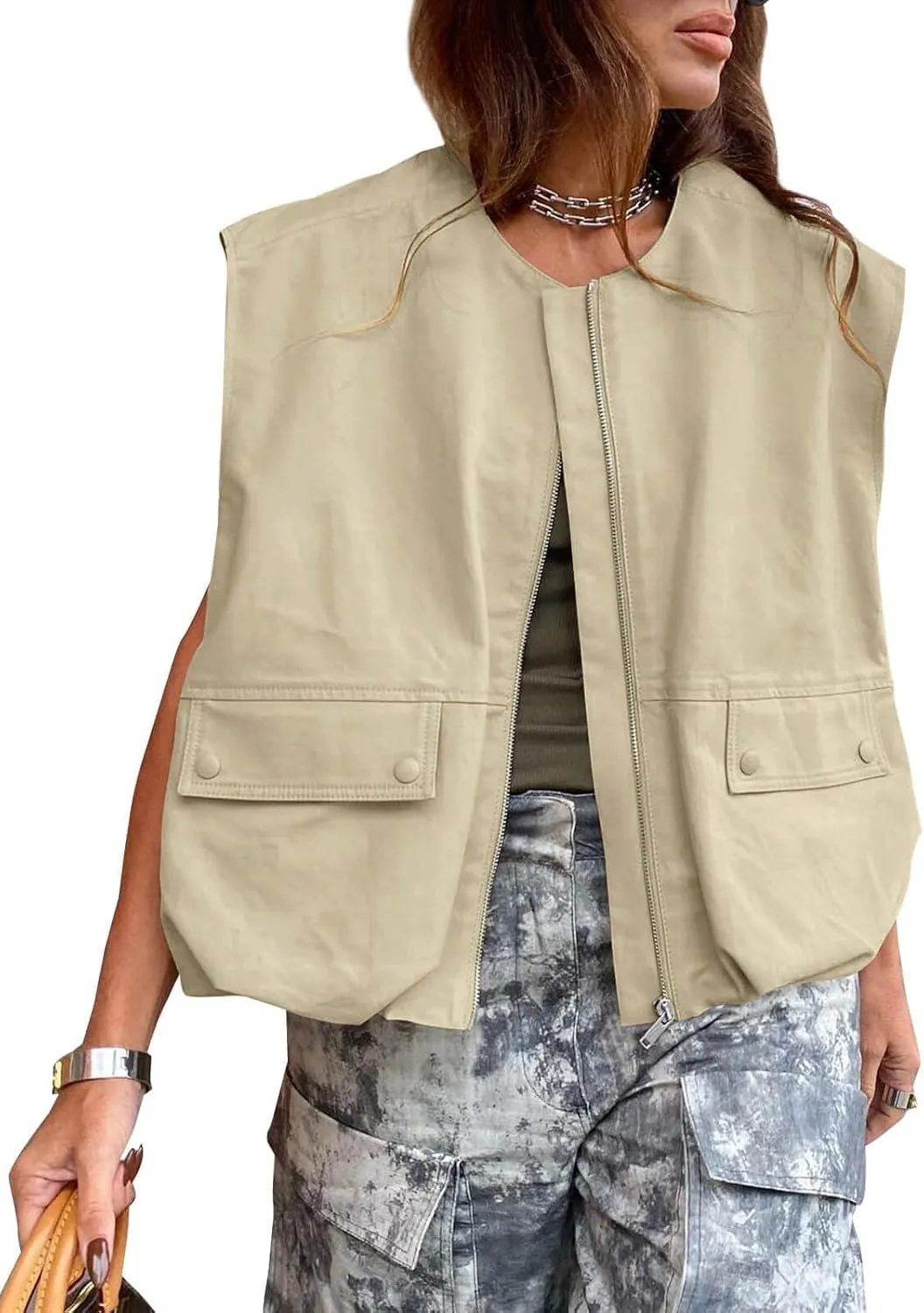 Tankaneo Womens Casual Zip Up Vest Cargo Oversized Ruched Hem Sleeveless Blazer Jackets Tops