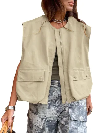 Tankaneo Womens Casual Zip Up Vest Cargo Oversized Ruched Hem Sleeveless Blazer Jackets Tops
