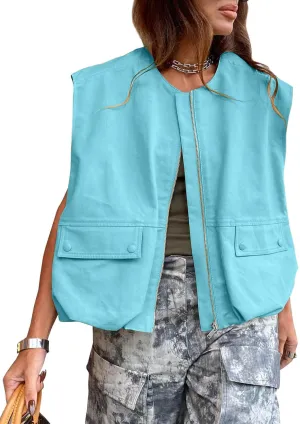 Tankaneo Womens Casual Zip Up Vest Cargo Oversized Ruched Hem Sleeveless Blazer Jackets Tops