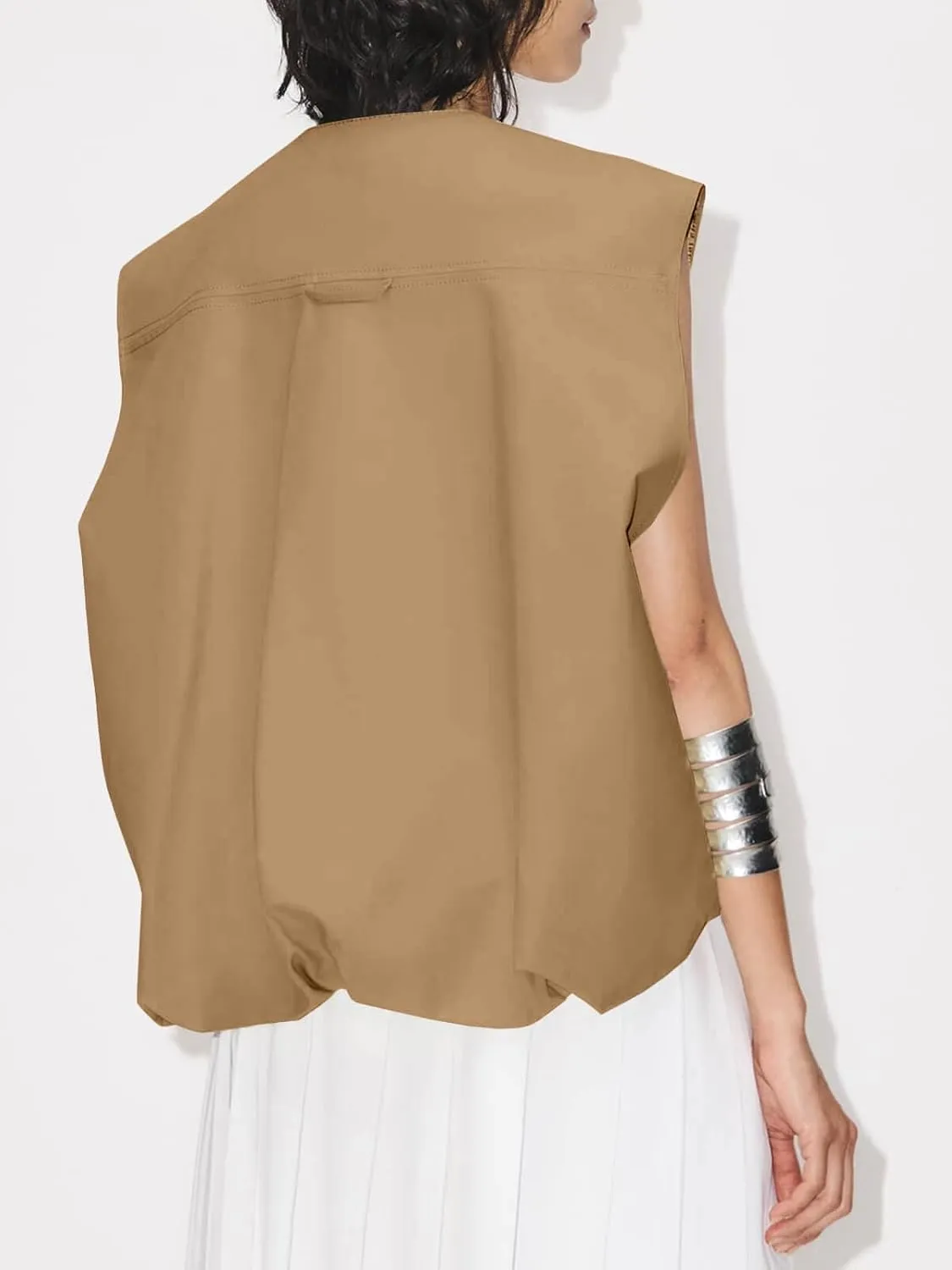 Tankaneo Womens Casual Zip Up Vest Cargo Oversized Ruched Hem Sleeveless Blazer Jackets Tops