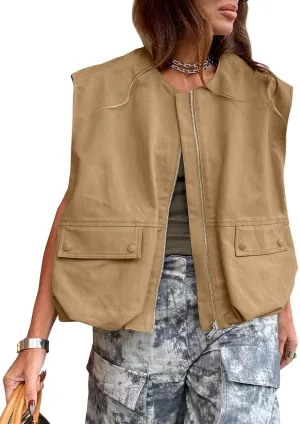 Tankaneo Womens Casual Zip Up Vest Cargo Oversized Ruched Hem Sleeveless Blazer Jackets Tops