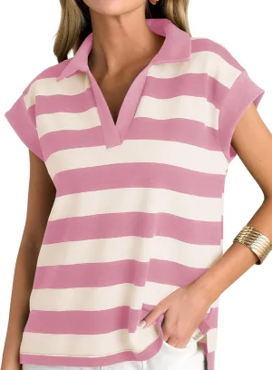 Tankaneo Womens Oversized Short Sleeve Sweatshirt Summer V Neck Tops Casual Striped Polo Shirts Loose Fit Blouses