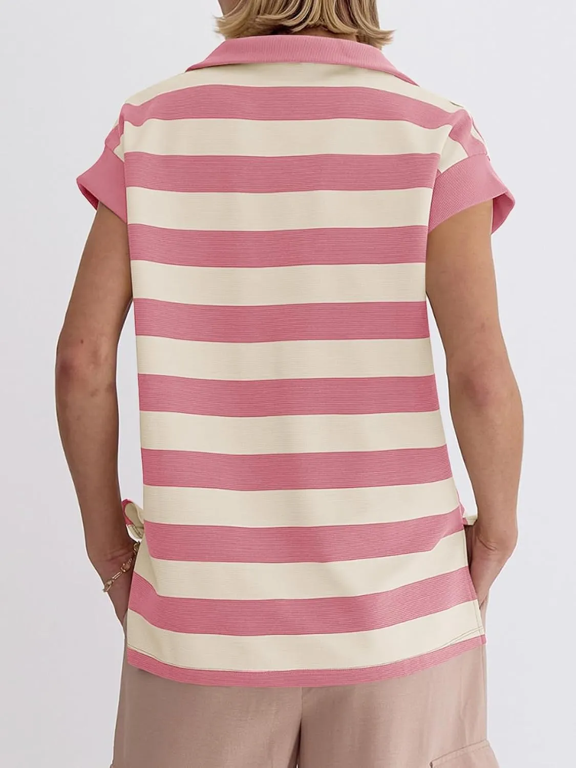 Tankaneo Womens Oversized Short Sleeve Sweatshirt Summer V Neck Tops Casual Striped Polo Shirts Loose Fit Blouses