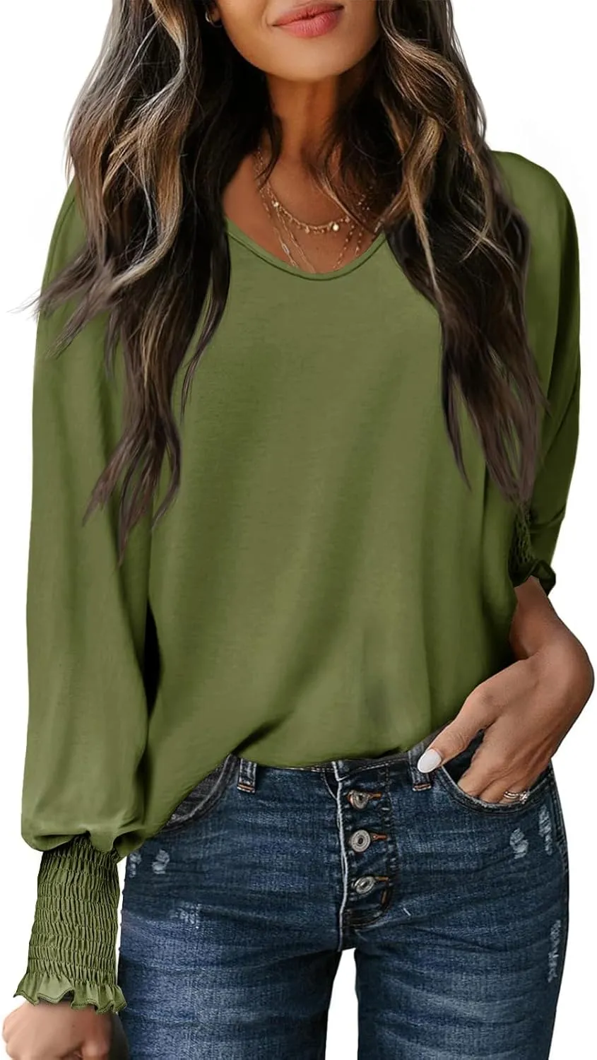 Tankaneo Womens Puff Long Sleeve Tops Oversized V Neck Shirts Dressy Casual Loose Fit Blouses Tees
