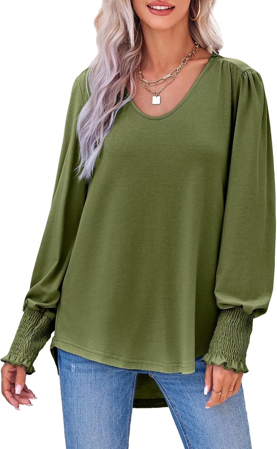 Tankaneo Womens Puff Long Sleeve Tops Oversized V Neck Shirts Dressy Casual Loose Fit Blouses Tees
