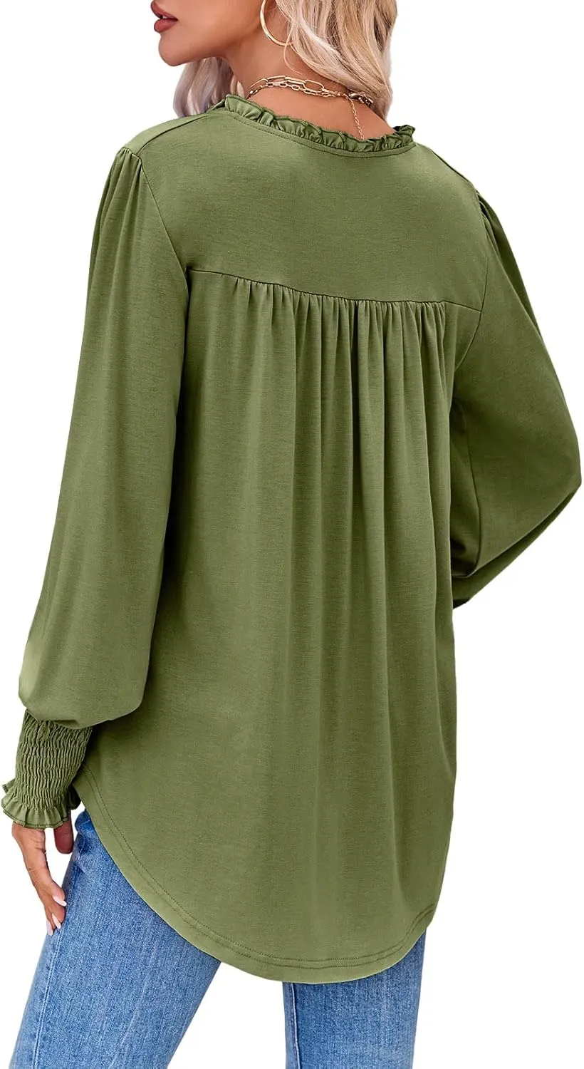 Tankaneo Womens Puff Long Sleeve Tops Oversized V Neck Shirts Dressy Casual Loose Fit Blouses Tees