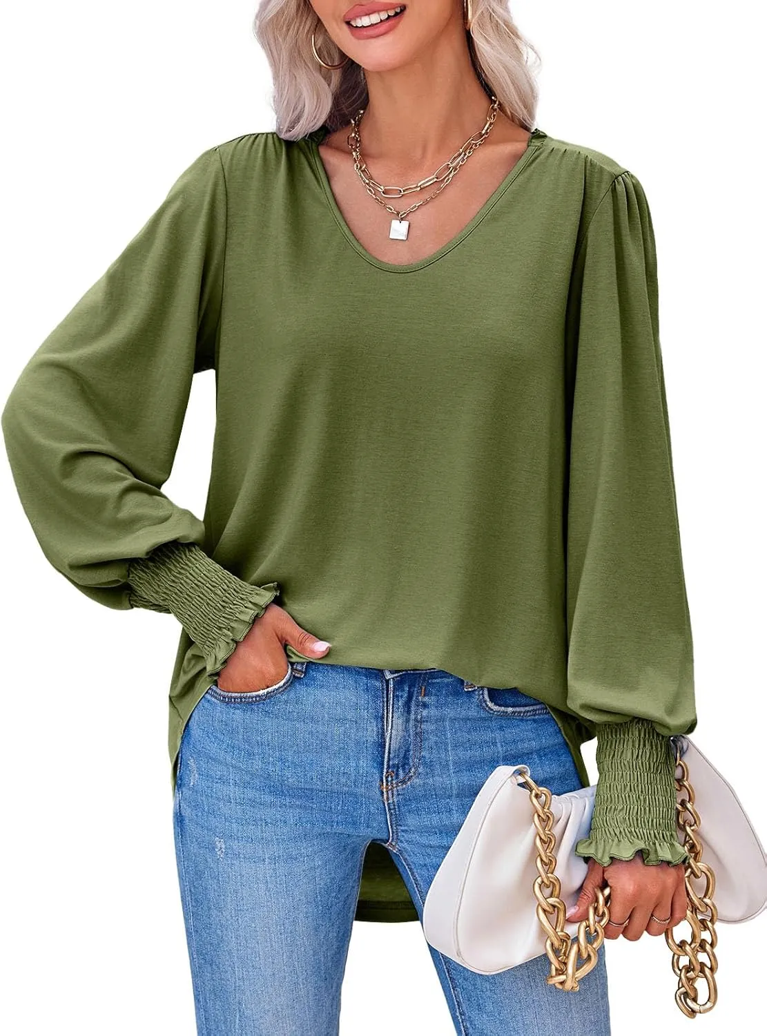 Tankaneo Womens Puff Long Sleeve Tops Oversized V Neck Shirts Dressy Casual Loose Fit Blouses Tees