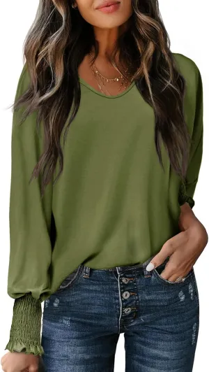 Tankaneo Womens Puff Long Sleeve Tops Oversized V Neck Shirts Dressy Casual Loose Fit Blouses Tees