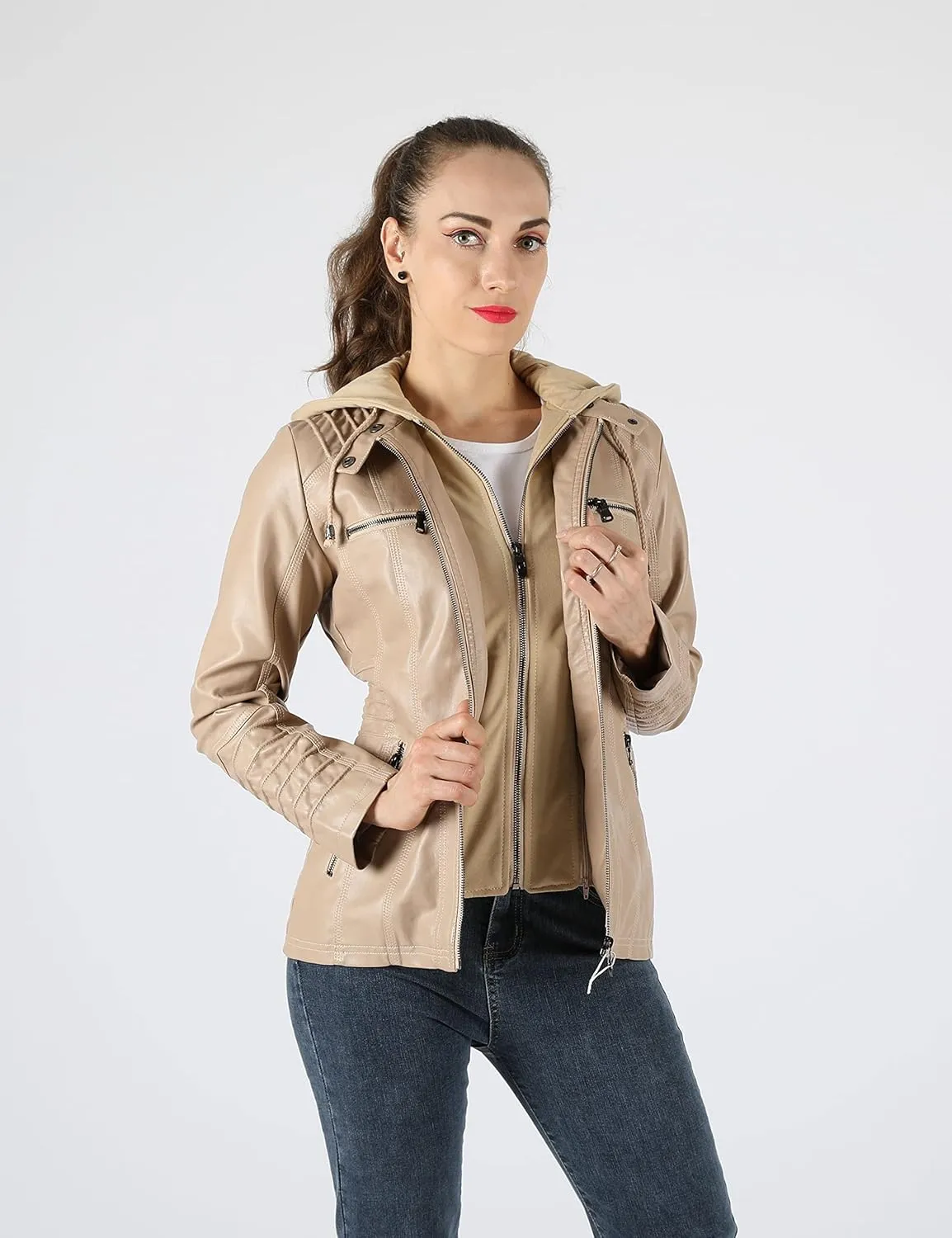 Tanming Women's Removable Hooded Faux Leather Jackets