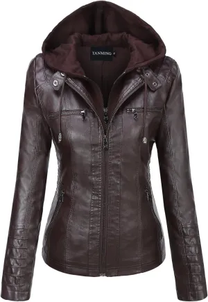 Tanming Women's Removable Hooded Faux Leather Jackets