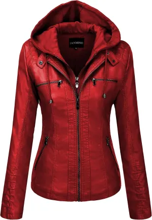 Tanming Women's Removable Hooded Faux Leather Jackets