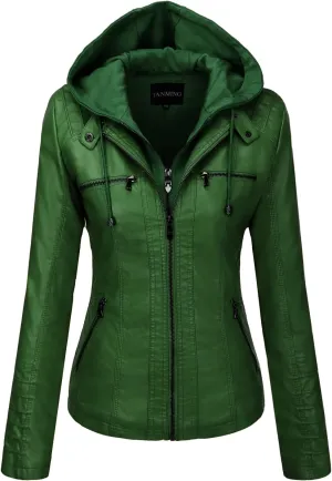 Tanming Women's Removable Hooded Faux Leather Jackets