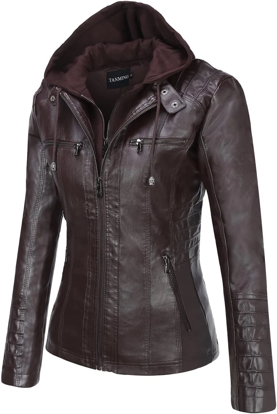 Tanming Women's Removable Hooded Faux Leather Jackets