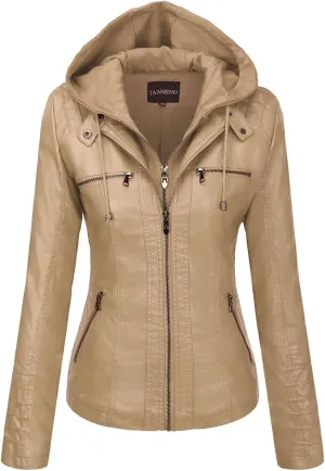 Tanming Women's Removable Hooded Faux Leather Jackets